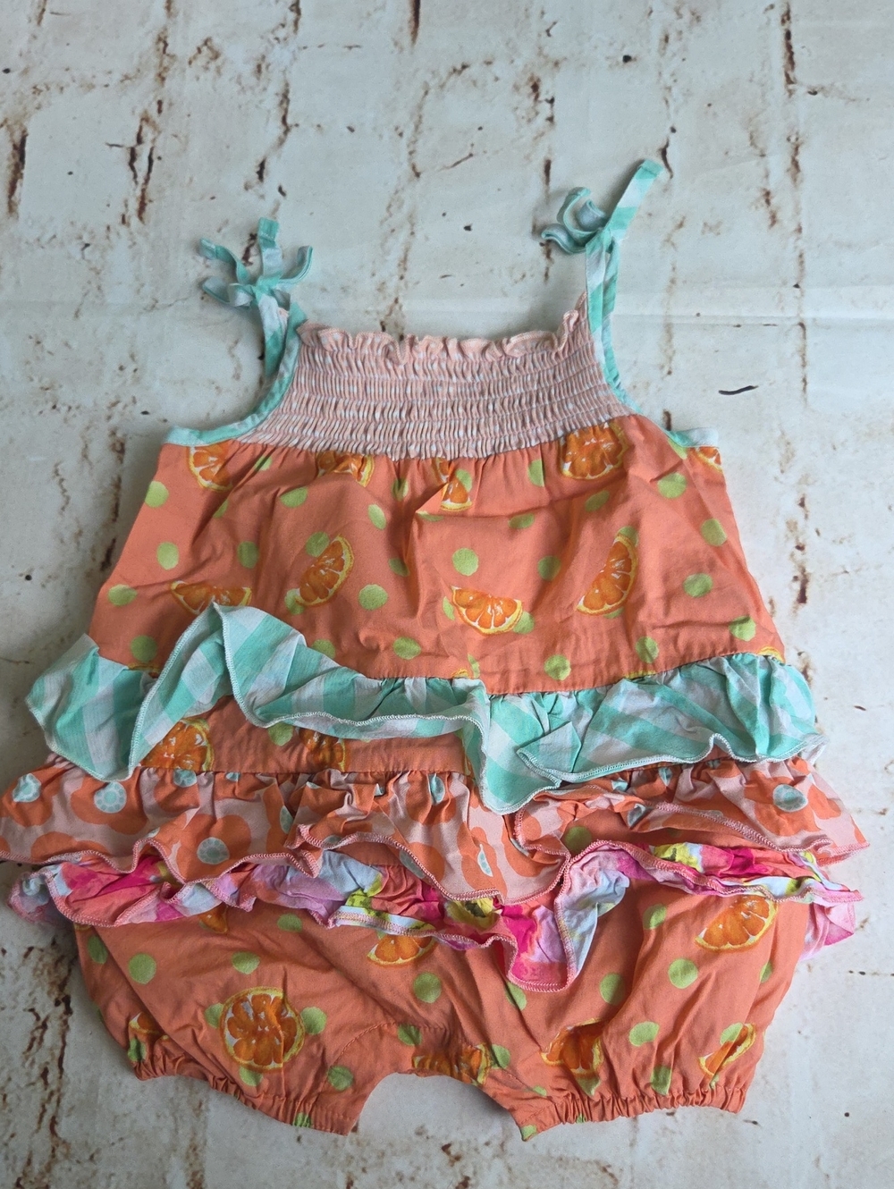 Matilda Jane Orange Pink Green Polka Dot Citrus Ruffle One-Piece